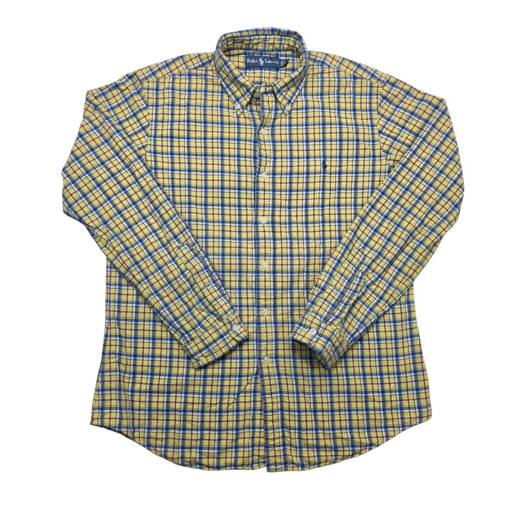 Ralph Lauren Mens L Yellow Blue Plaid Lined Heavy Button Down Shirt Long Sleeve